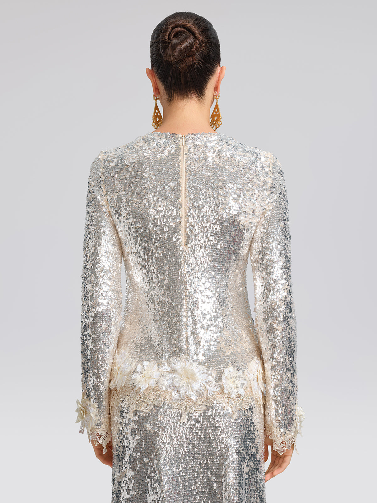 Sequin Hand-Cut Floral Lace Trim Top