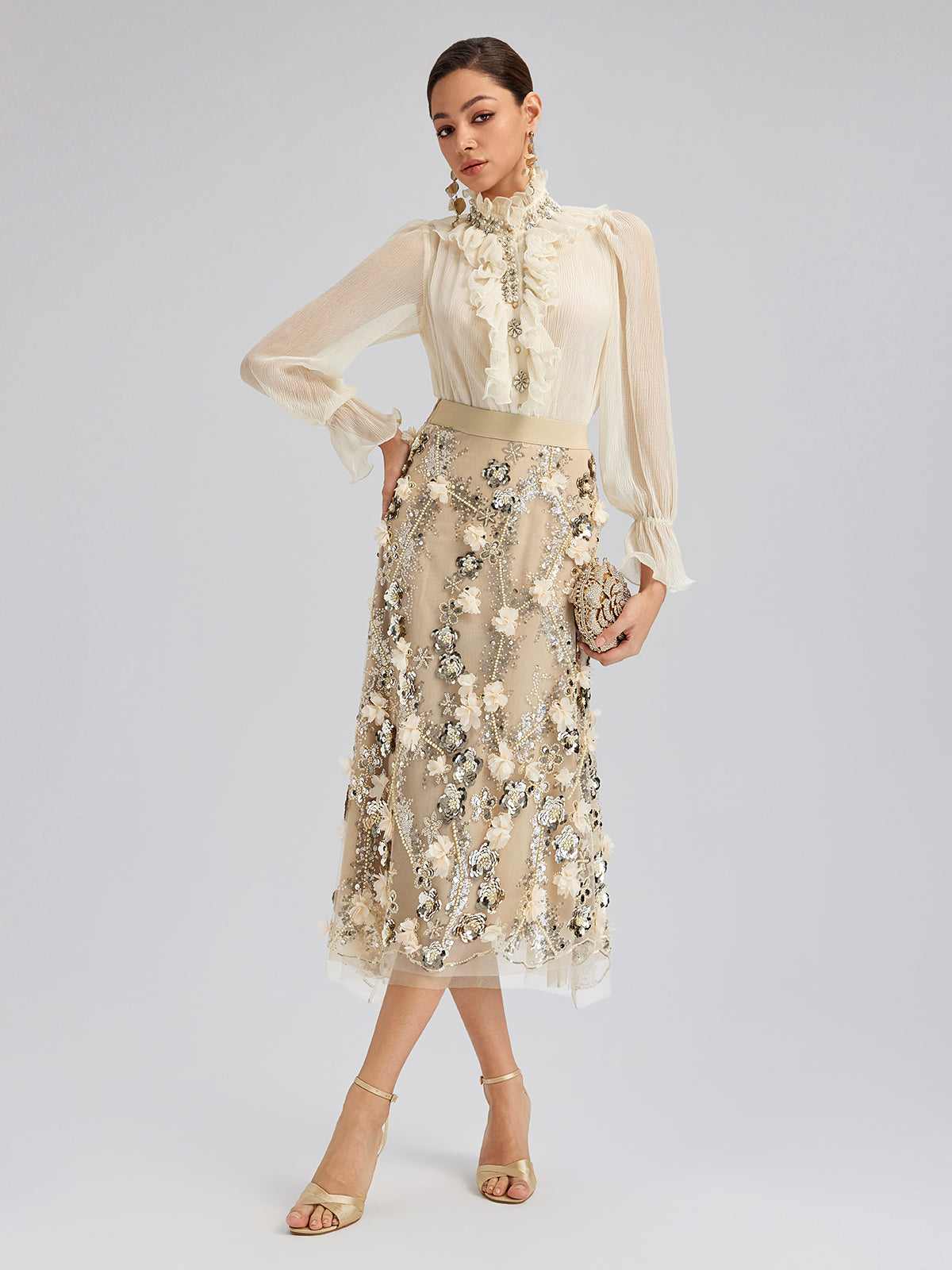 Ruffled Stand Collar Beaded Shirt