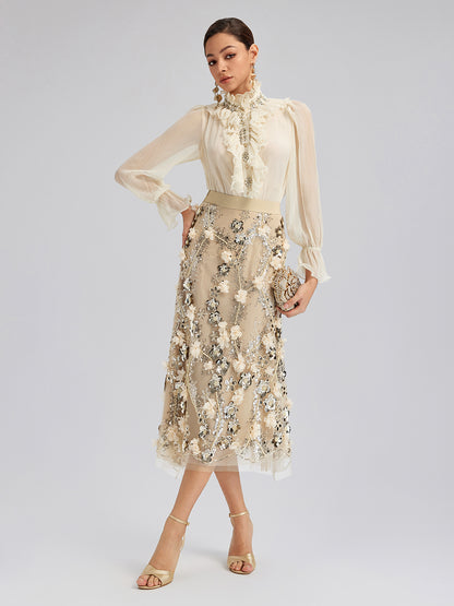 Ruffled Stand Collar Beaded Shirt