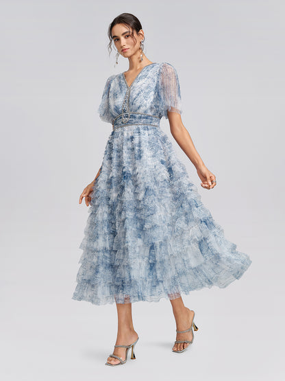 Watercolor Tulle Print Ruffle Dress