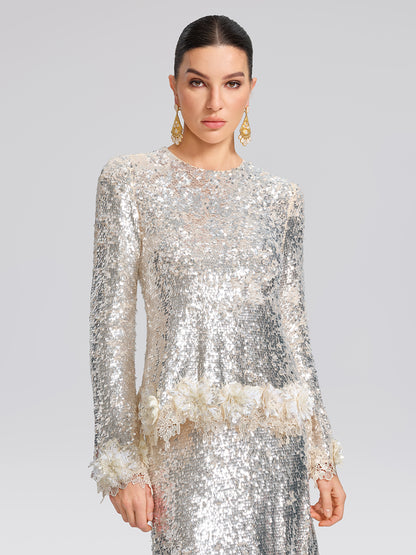 Sequin Hand-Cut Floral Lace Trim Top