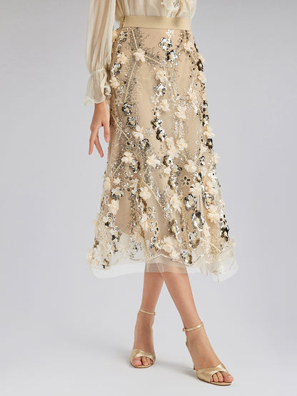 Sequin Floral Embroidery Elastic Fishtail Skirt