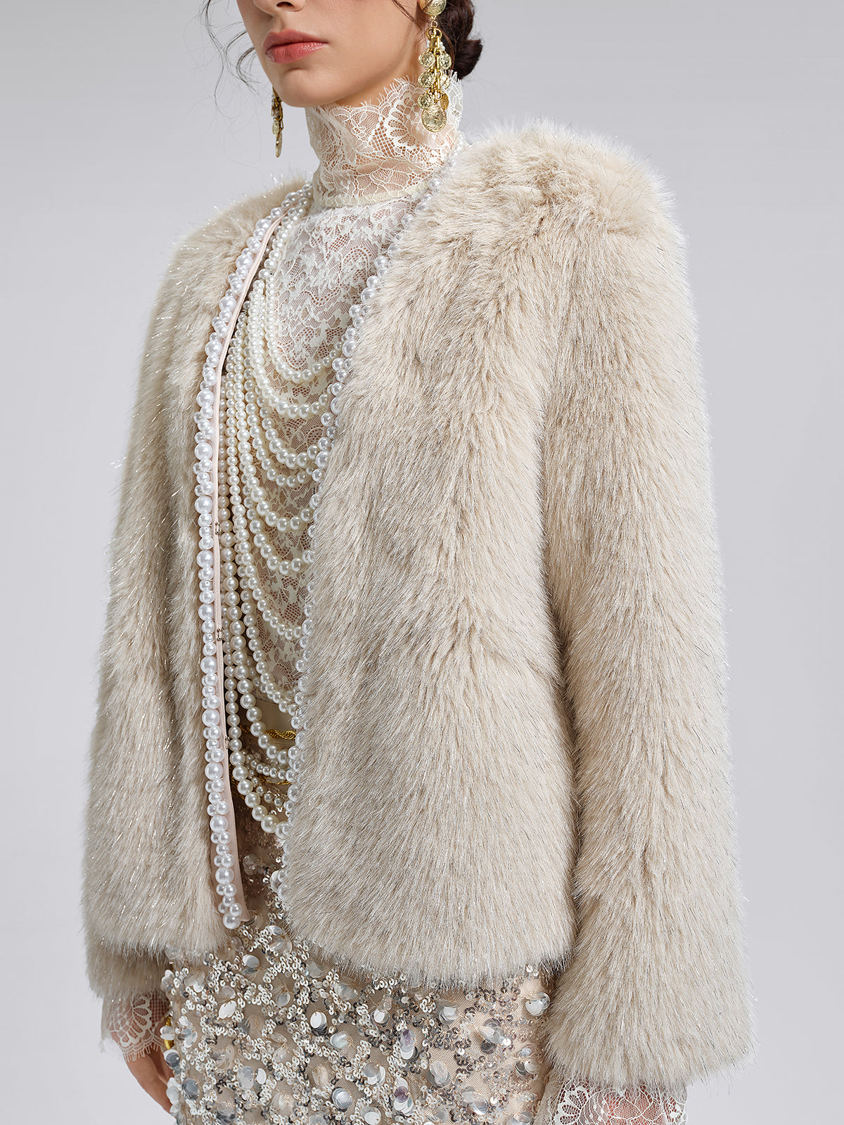 Silver-Tipped Eco Fur Pearl-Beaded Jacket