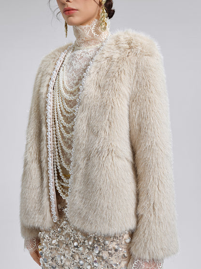 Silver-Tipped Eco Fur Pearl-Beaded Jacket