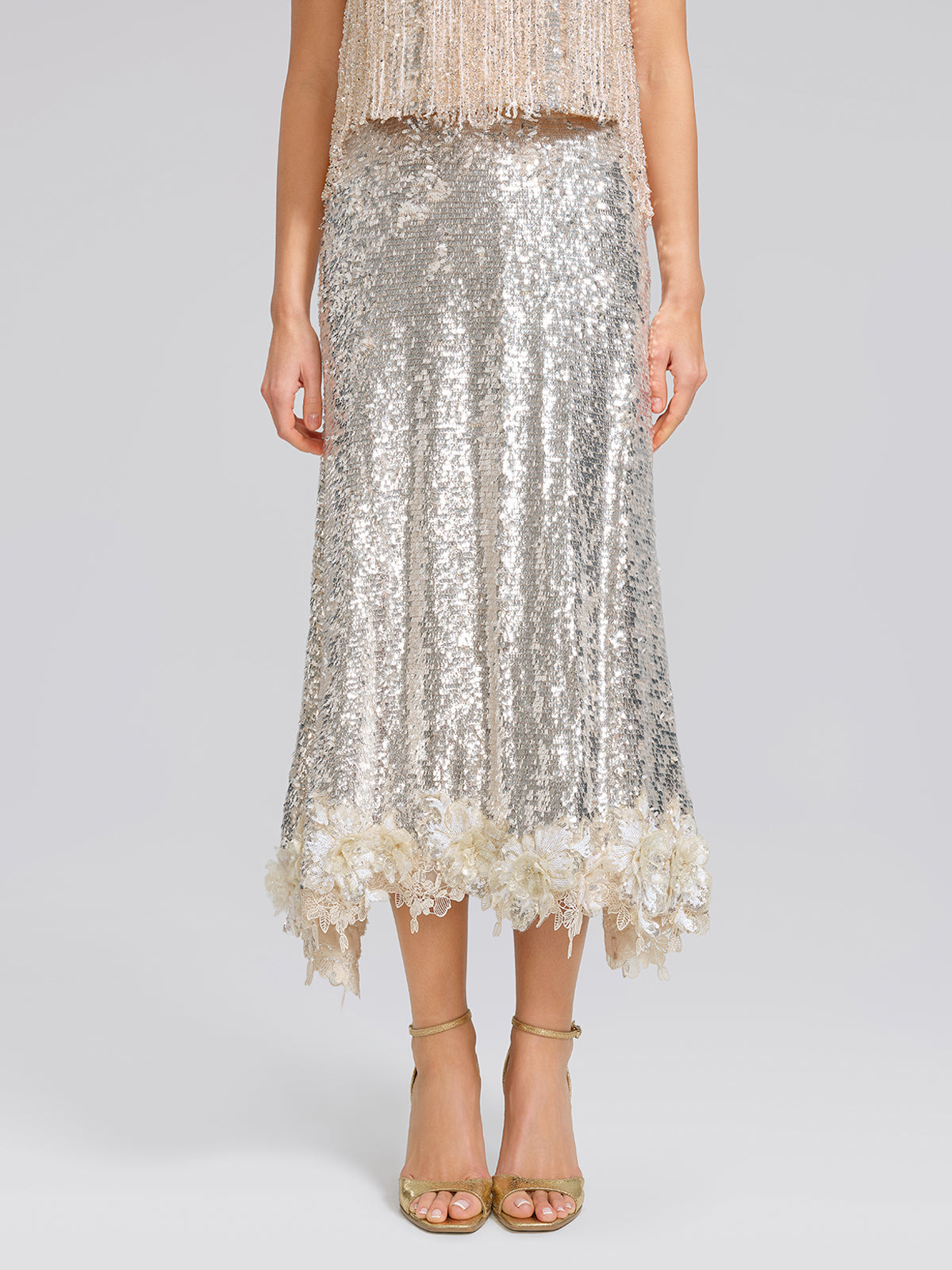 Sequin Mermaid Lace Trim Elastic-Waist Skirt