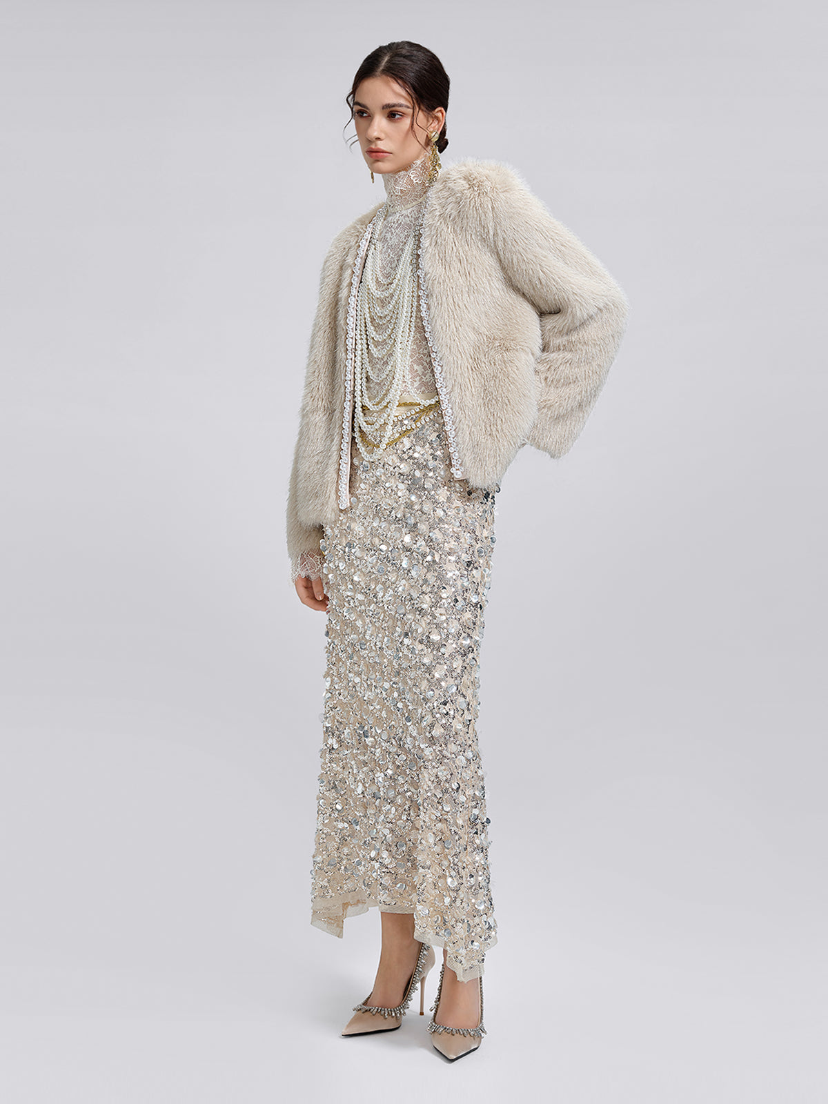 Silver-Tipped Eco Fur Pearl-Beaded Jacket