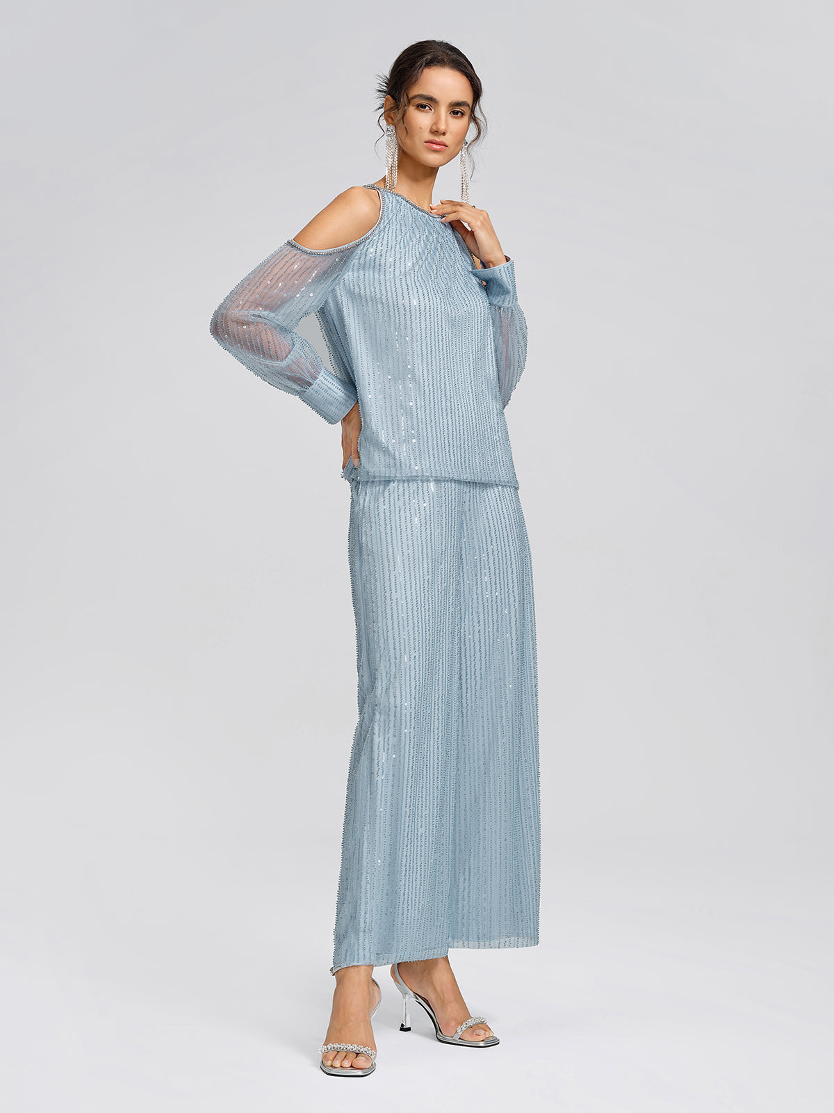 Beaded Mesh High-Waisted Pants