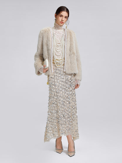 Silver-Tipped Eco Fur Pearl-Beaded Jacket