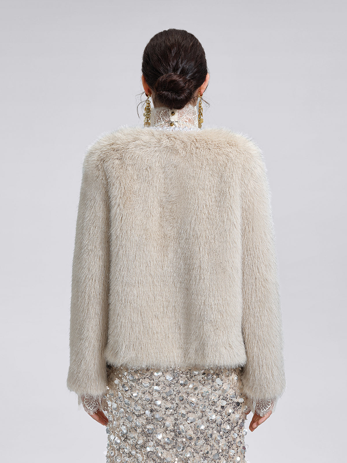 Silver-Tipped Eco Fur Pearl-Beaded Jacket