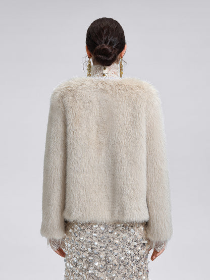 Silver-Tipped Eco Fur Pearl-Beaded Jacket