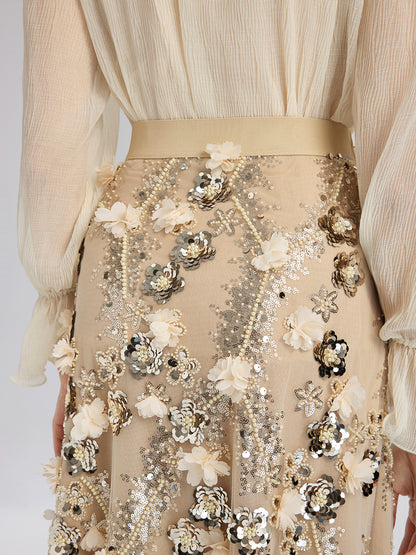 Sequin Floral Embroidery Elastic Fishtail Skirt