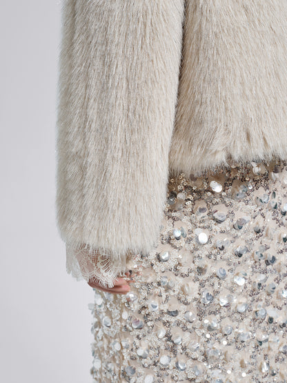 Silver-Tipped Eco Fur Pearl-Beaded Jacket