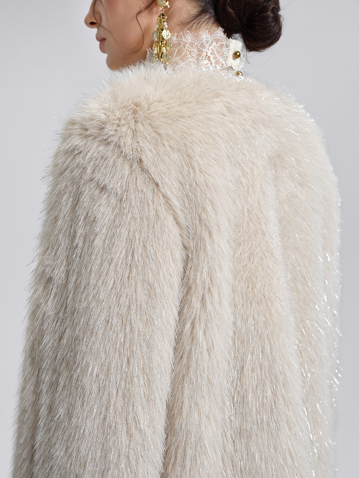 Silver-Tipped Eco Fur Pearl-Beaded Jacket