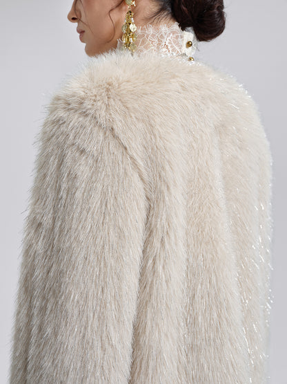 Silver-Tipped Eco Fur Pearl-Beaded Jacket