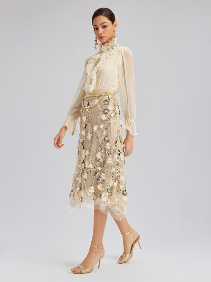 Sequin Floral Embroidery Elastic Fishtail Skirt