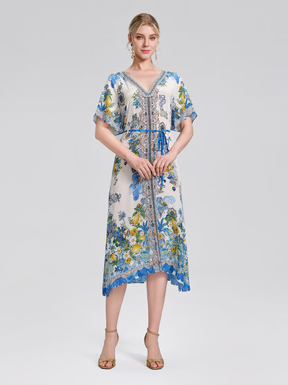 100% Silk Allover Print Rhinestone Dress (Waist Tie Included)