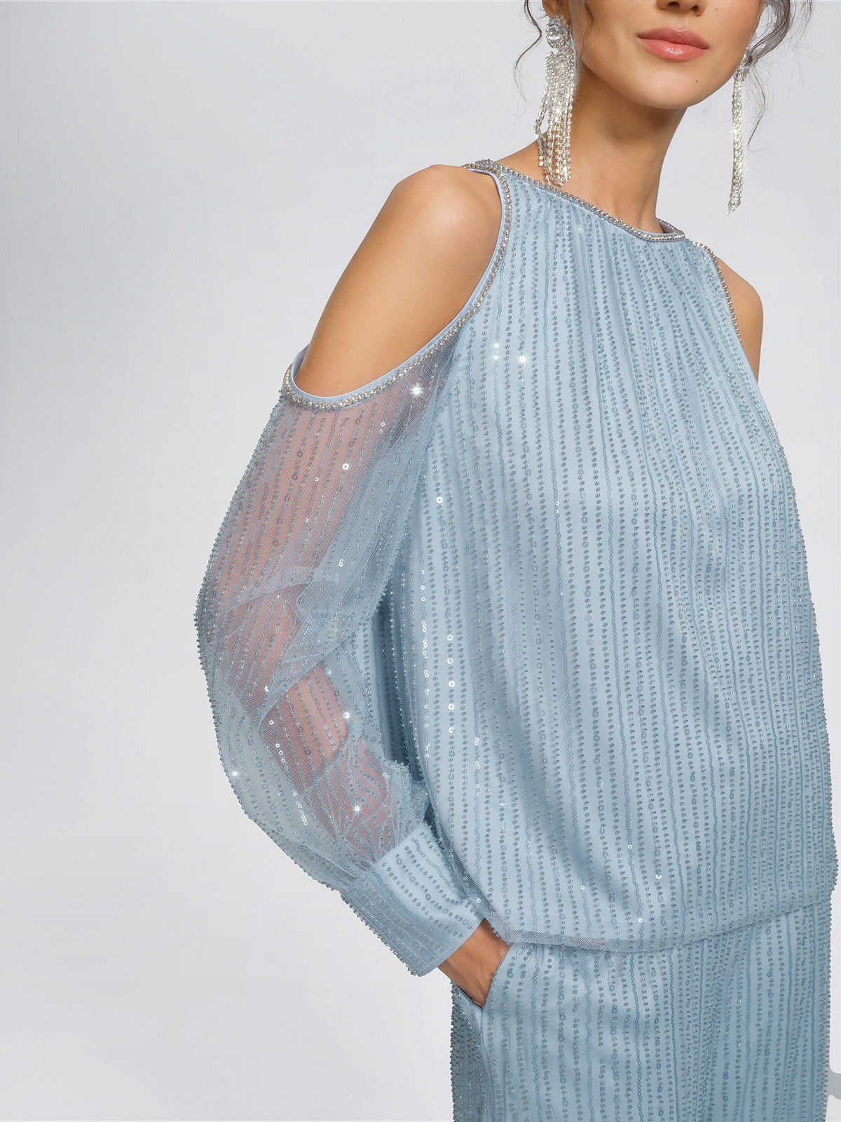 Beaded Mesh Cold Shoulder Blouse