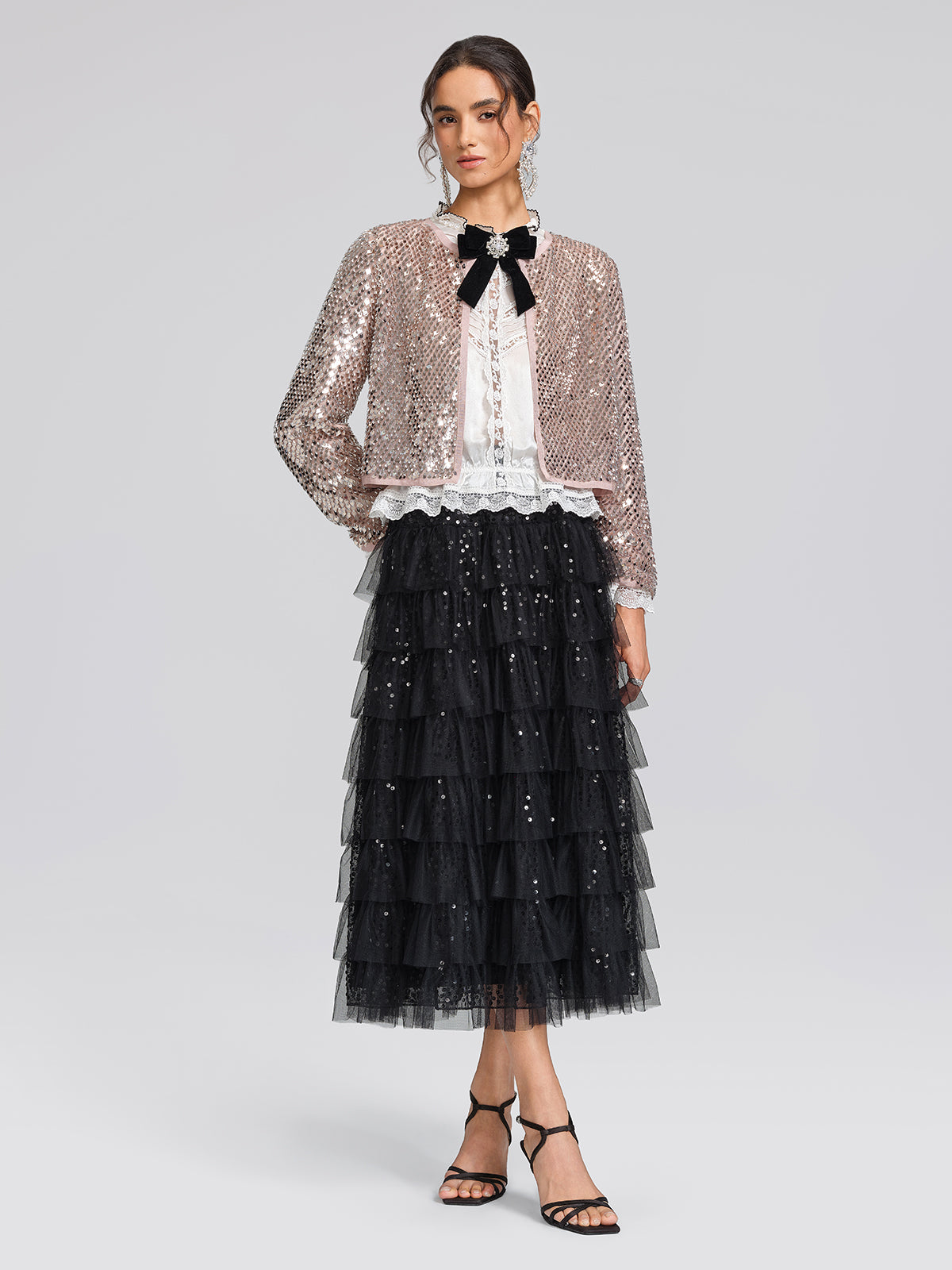 Pearl Satin Lace Panel Bow Shirt