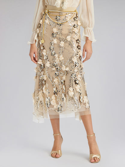 Sequin Floral Embroidery Elastic Fishtail Skirt