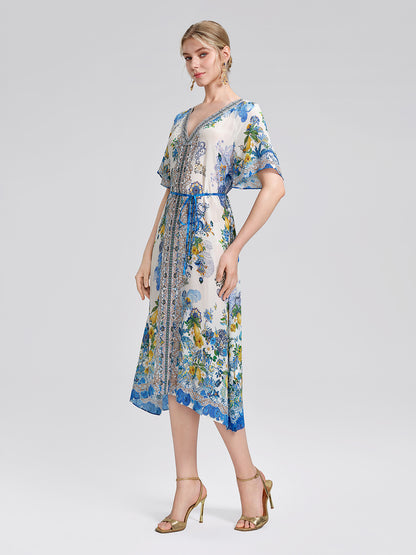100% Silk Allover Print Rhinestone Dress (Waist Tie Included)