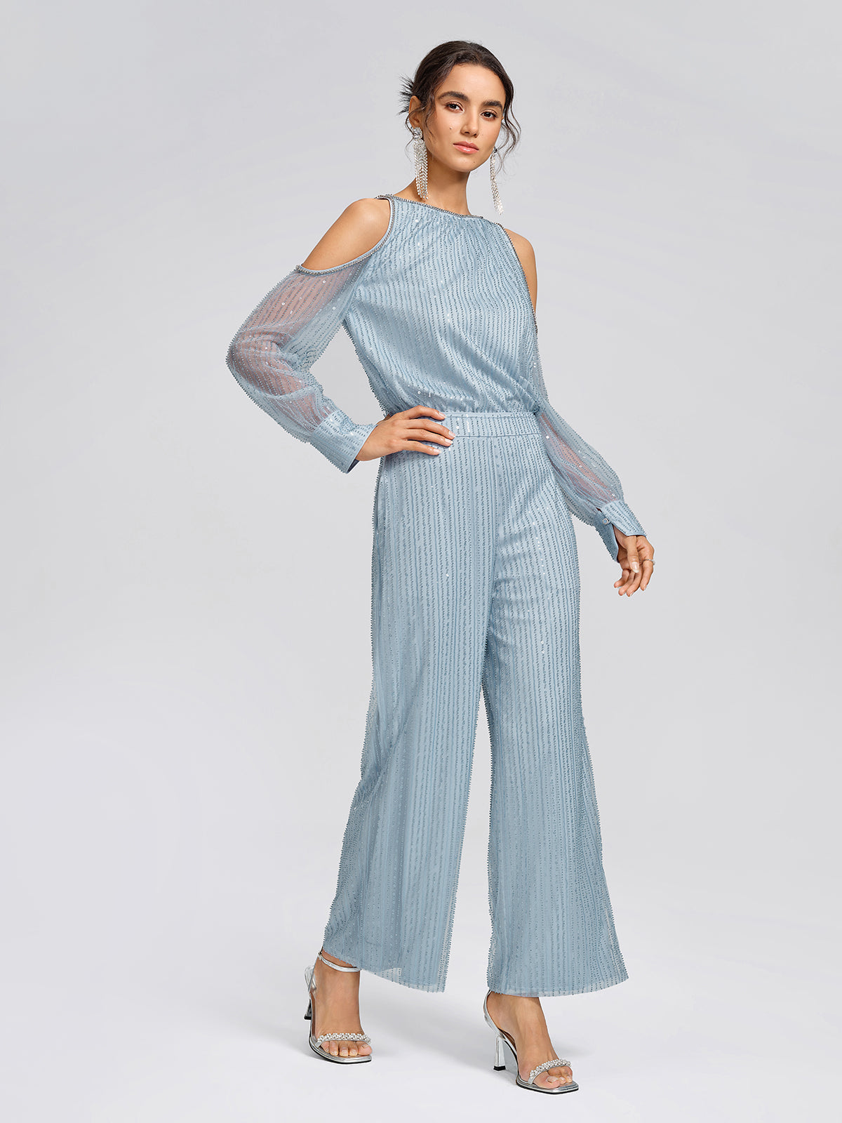 Beaded Mesh High-Waisted Pants