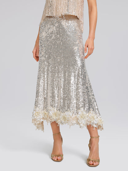 Sequin Mermaid Lace Trim Elastic-Waist Skirt