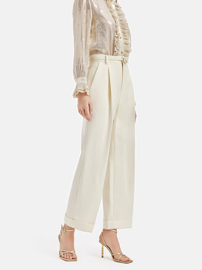 Silk-Wool Straight-Leg Trousers (With Belt)