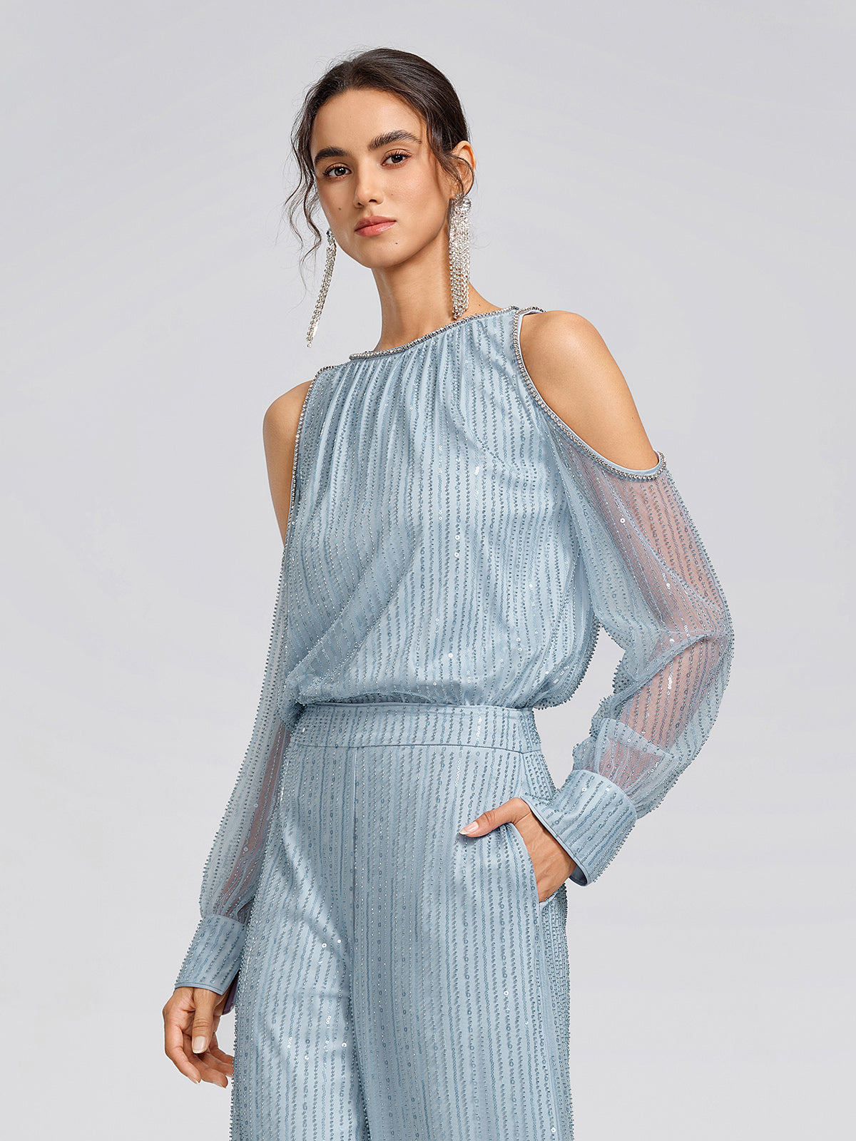 Beaded Mesh Cold Shoulder Blouse