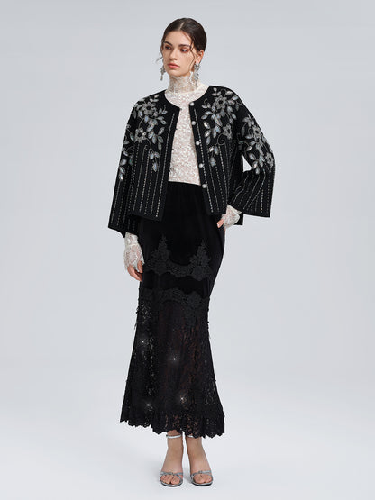 Sequin Lace Velvet Panel Fishtail Skirt