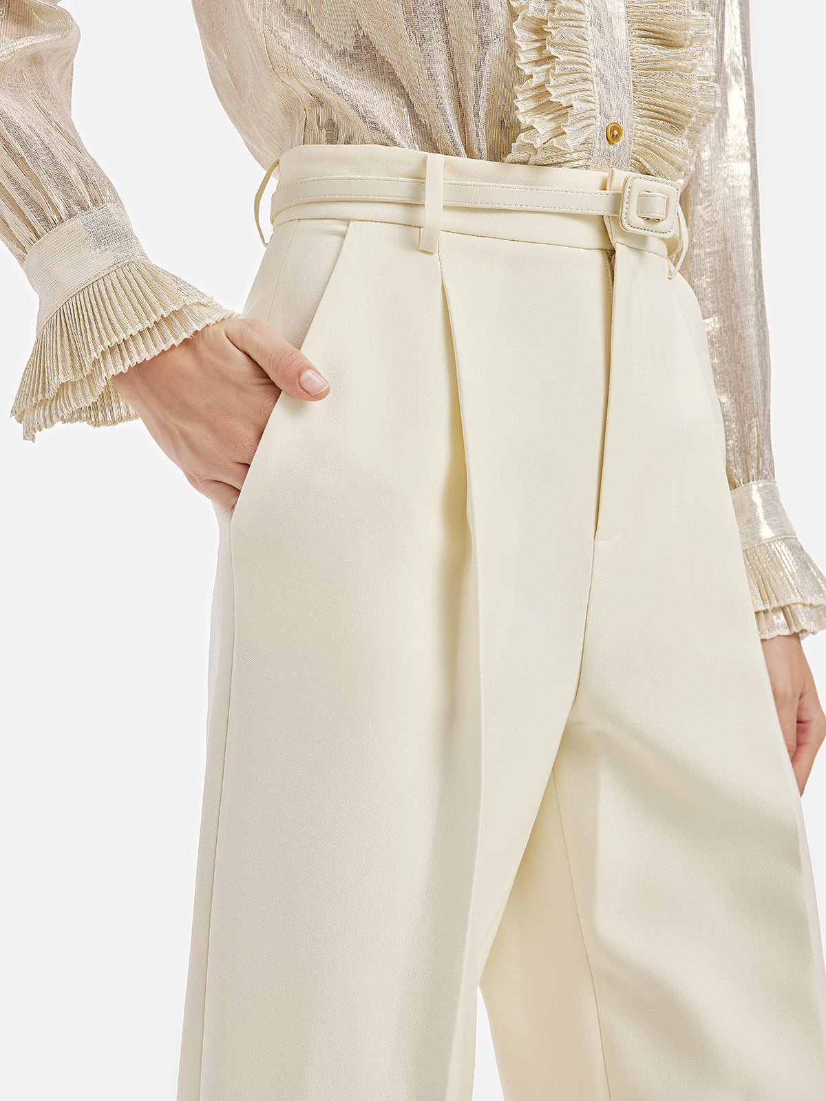 Silk-Wool Straight-Leg Trousers (With Belt)