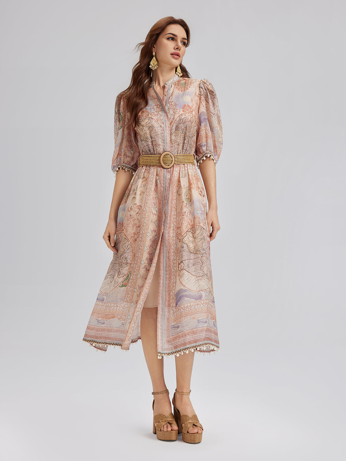 Linen Map Print Breathable Baroque Dress
