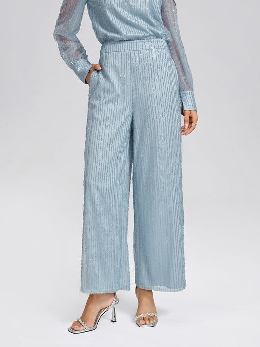 Beaded Mesh High-Waisted Pants