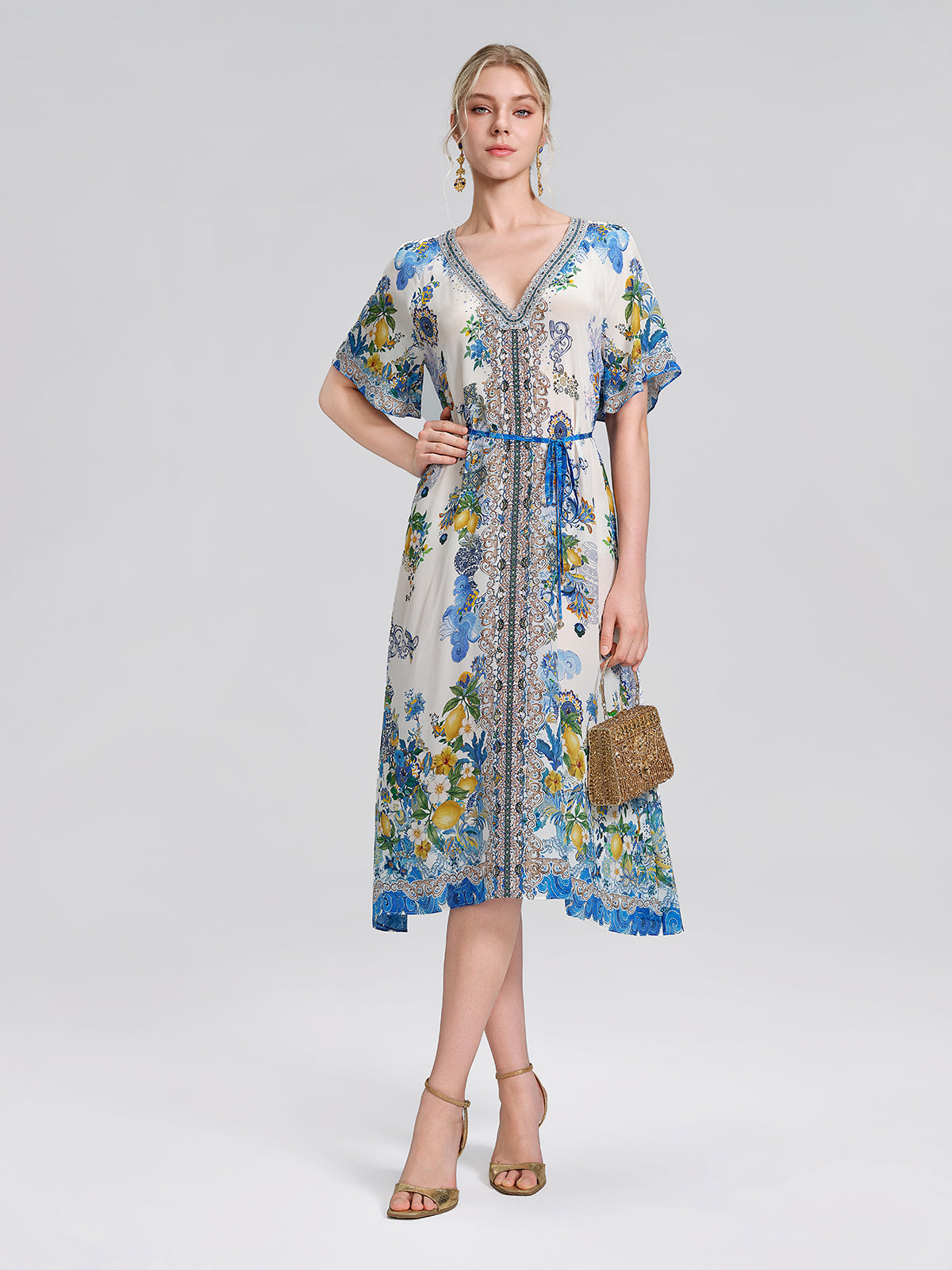 100% Silk Allover Print Rhinestone Dress (Waist Tie Included)