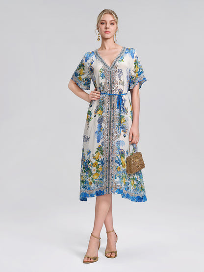 100% Silk Allover Print Rhinestone Dress (Waist Tie Included)