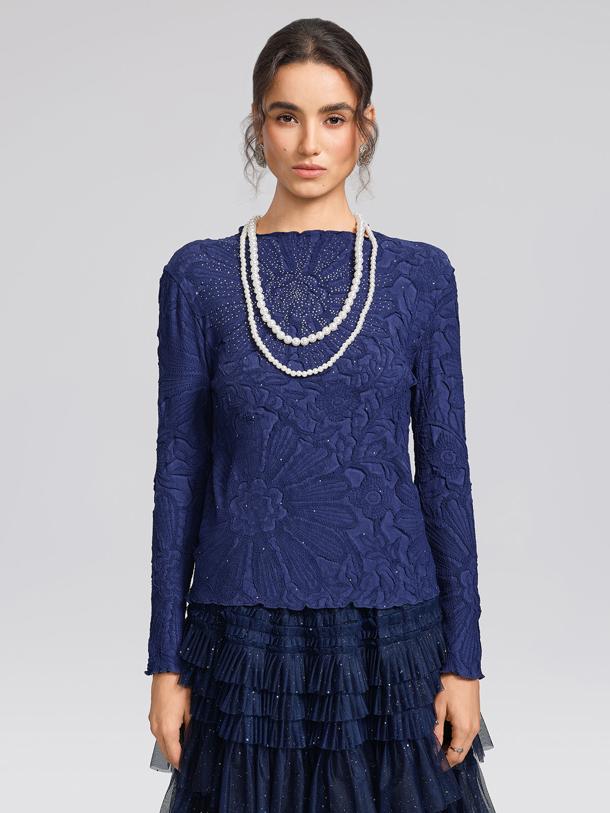 Pleated Floral Embossed Rhinestone Blouse