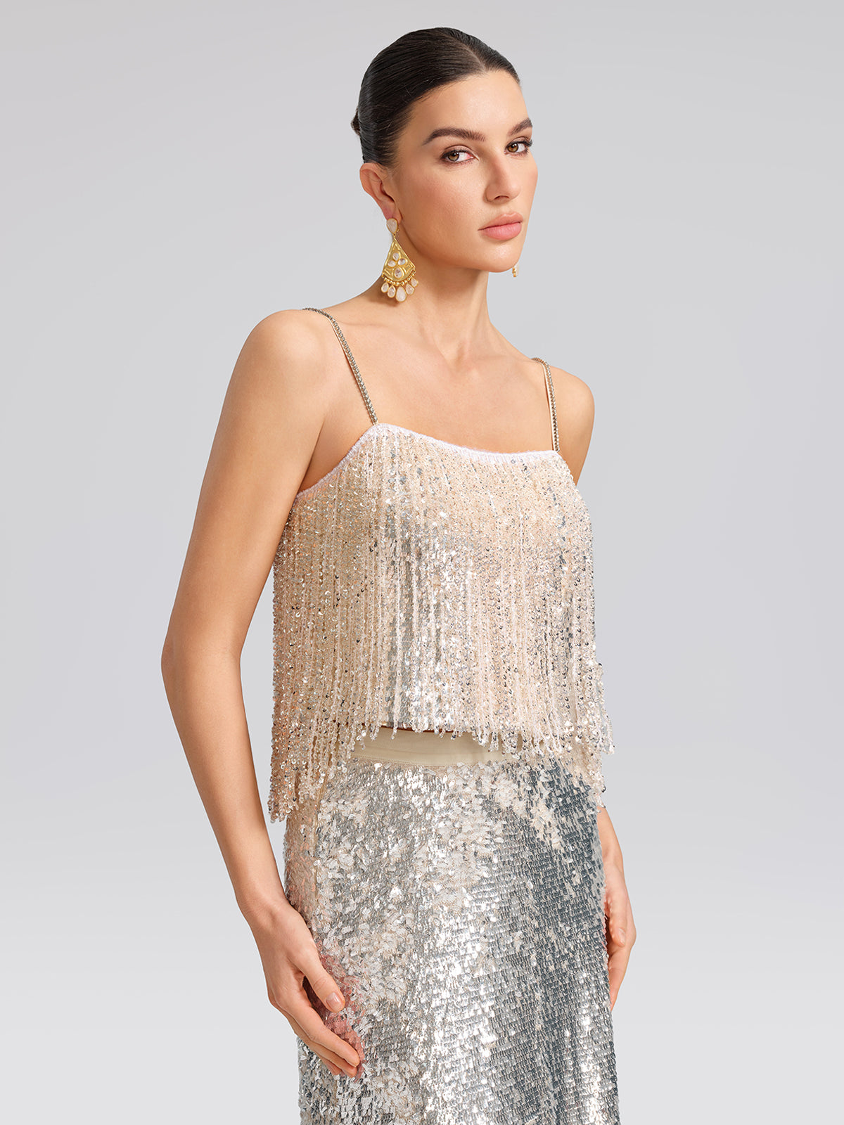 Hand-Beaded Crystal Fringe Camisole
