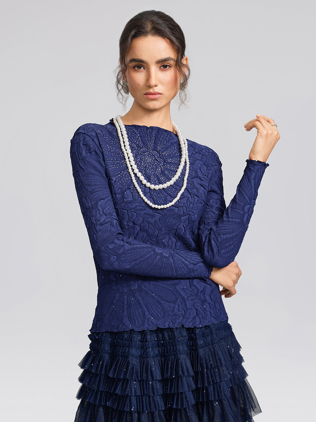 Pleated Floral Embossed Rhinestone Blouse