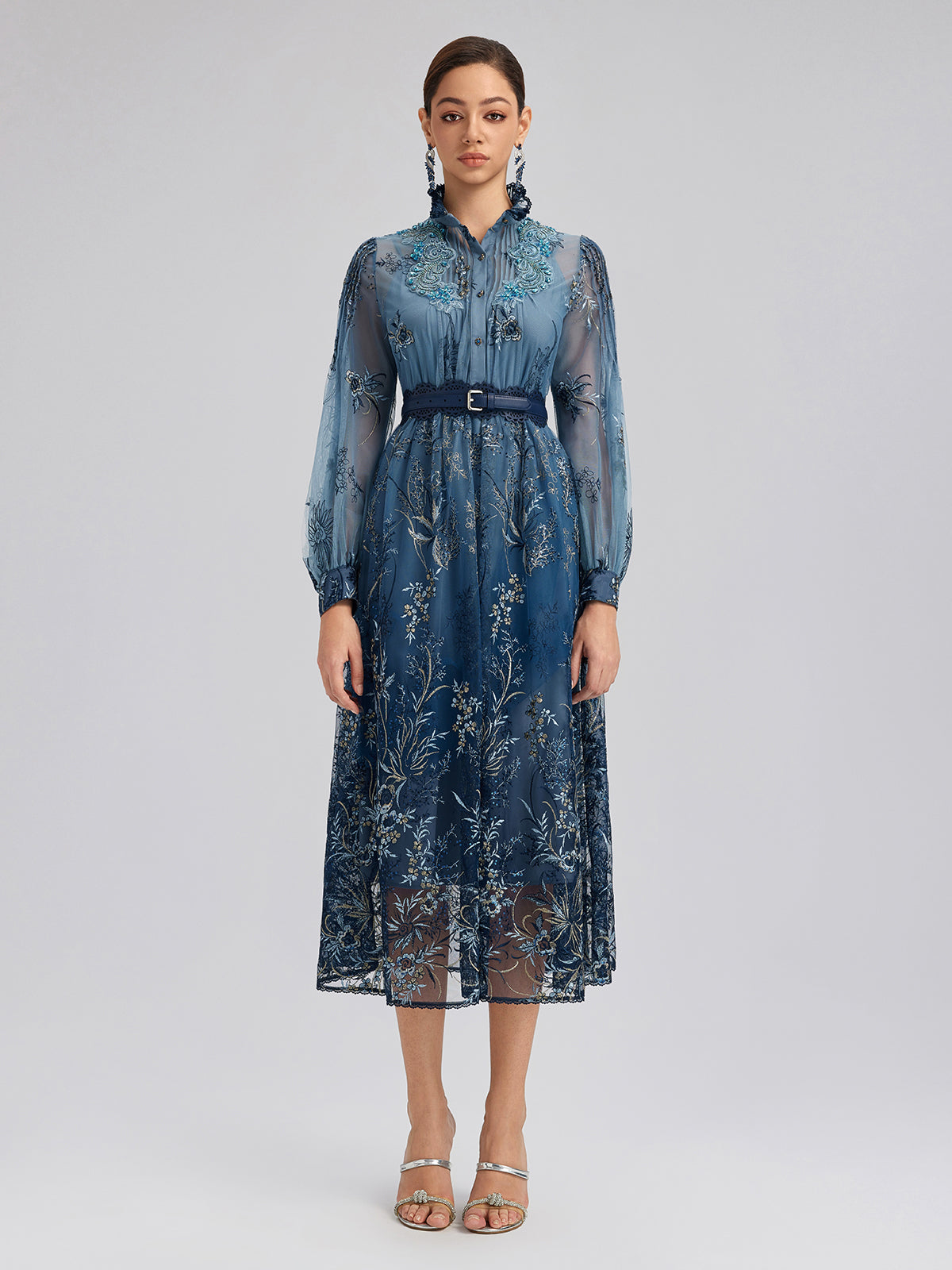 Vine Silver-Thread Embroidered Beaded Lace Dress (Belt Included)