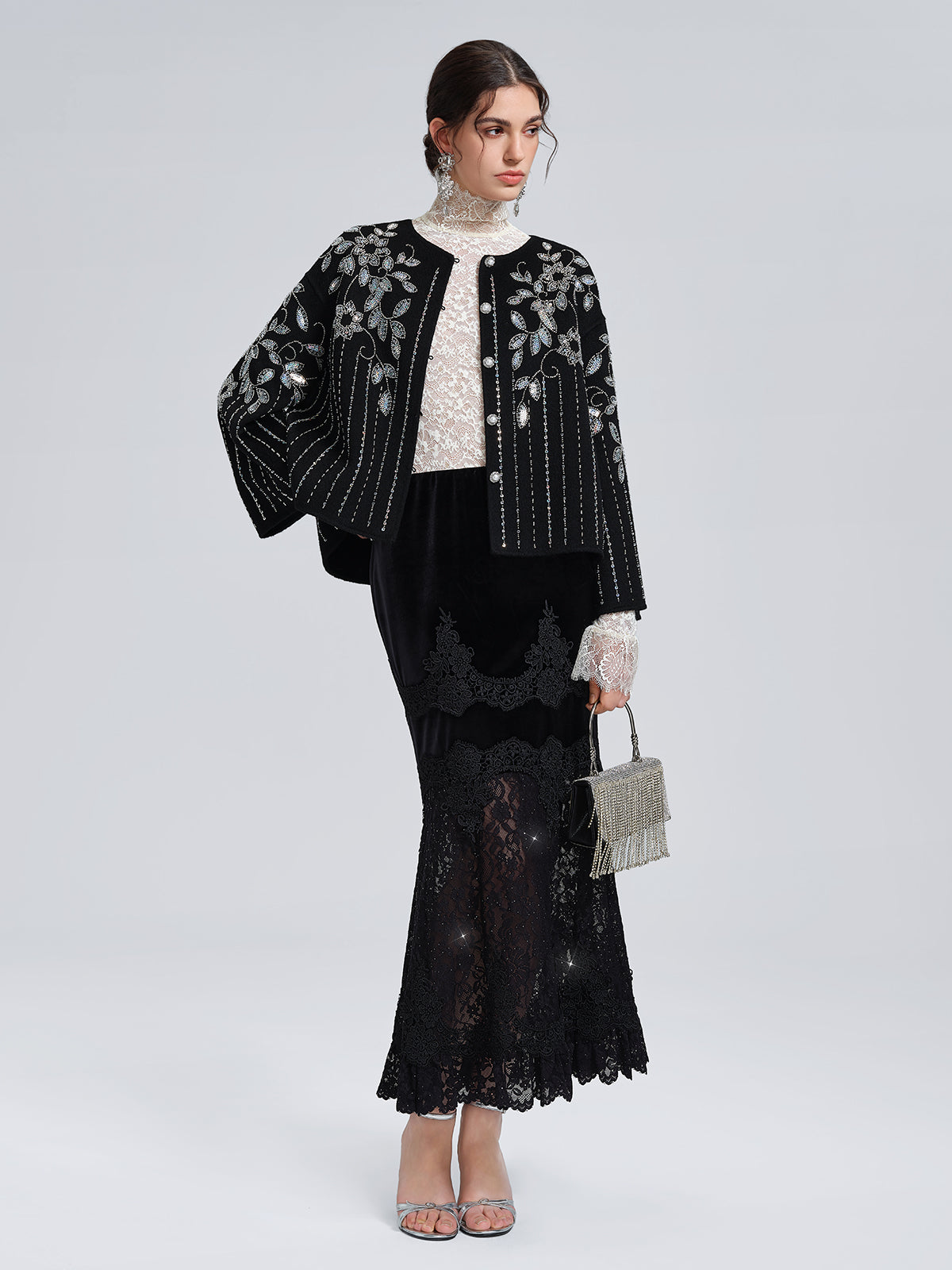 Sequin Lace Velvet Panel Fishtail Skirt