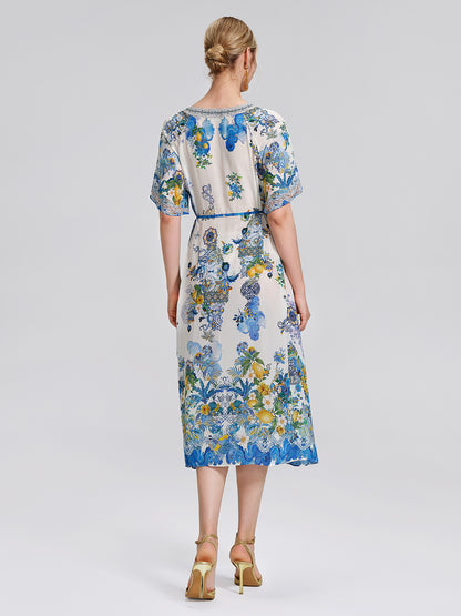 100% Silk Allover Print Rhinestone Dress (Waist Tie Included)