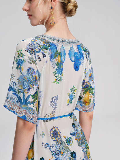 100% Silk Allover Print Rhinestone Dress (Waist Tie Included)