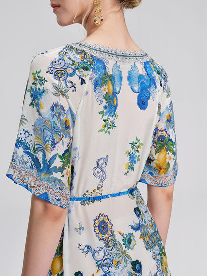 100% Silk Allover Print Rhinestone Dress (Waist Tie Included)