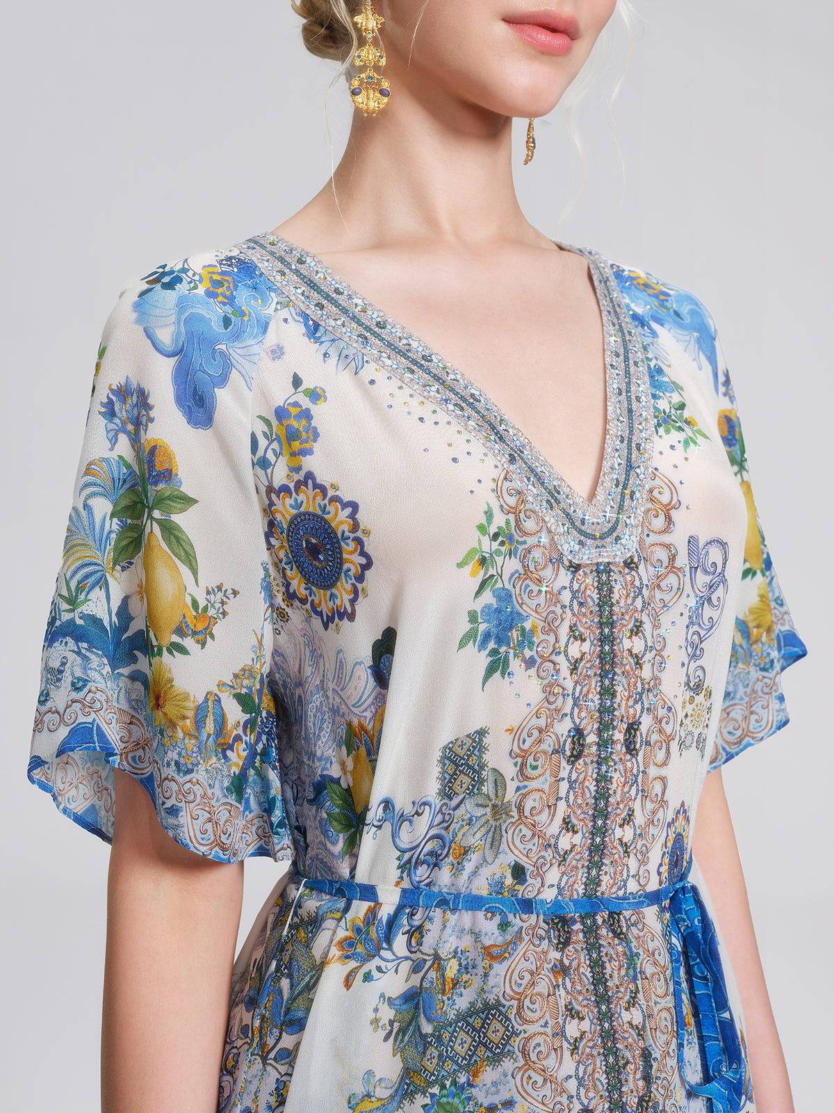 100% Silk Allover Print Rhinestone Dress (Waist Tie Included)