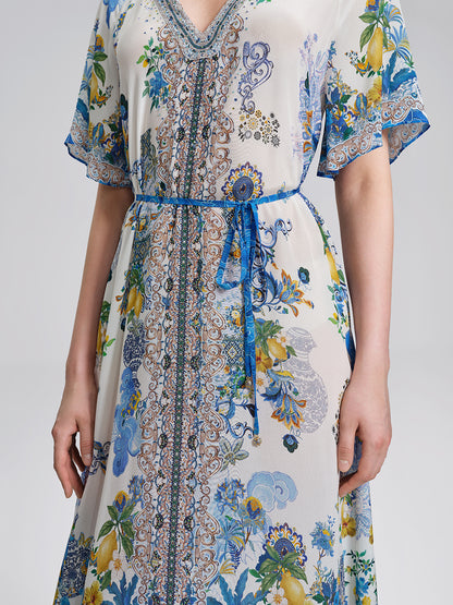 100% Silk Allover Print Rhinestone Dress (Waist Tie Included)