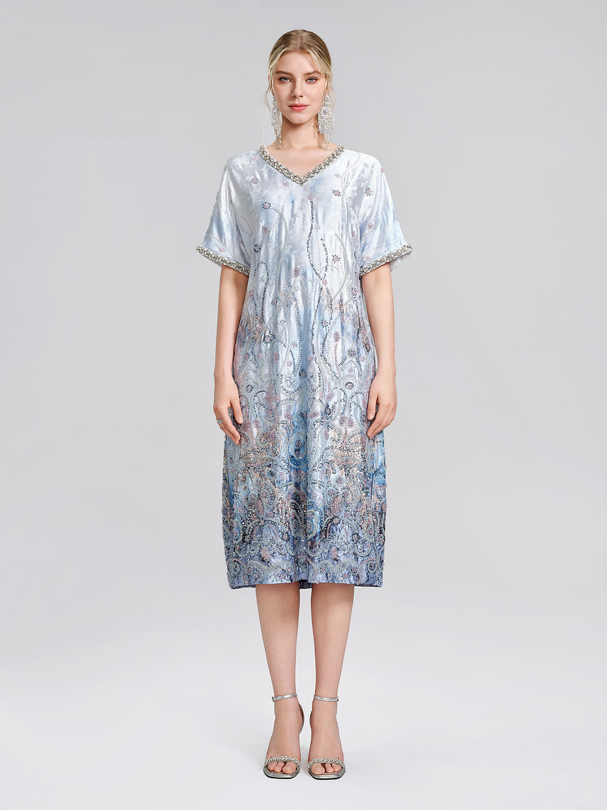Satin Gradient Print Rhinestone Straight Dress