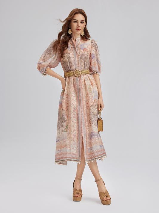 Linen Map Print Breathable Baroque Dress