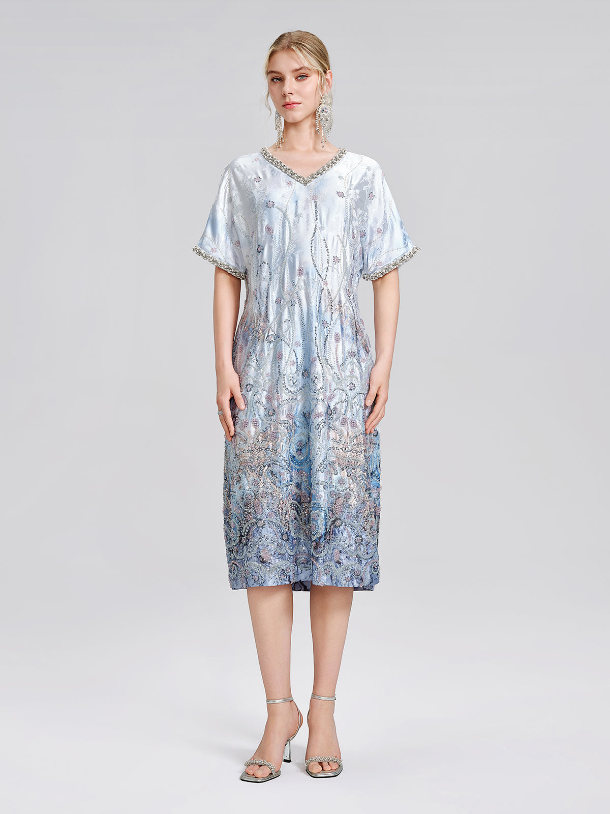 Satin Gradient Print Rhinestone Straight Dress
