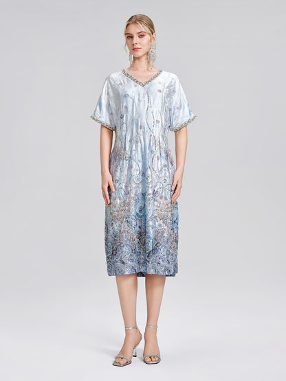 Satin Gradient Print Rhinestone Straight Dress