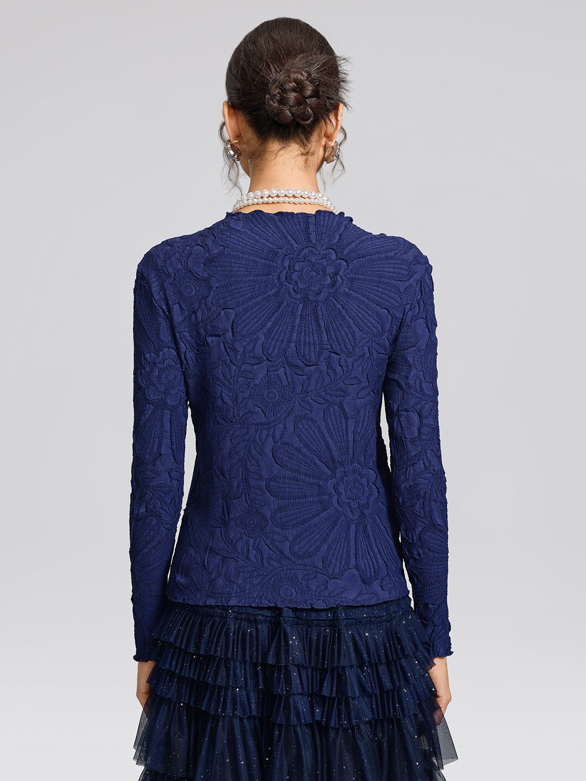 Pleated Floral Embossed Rhinestone Blouse