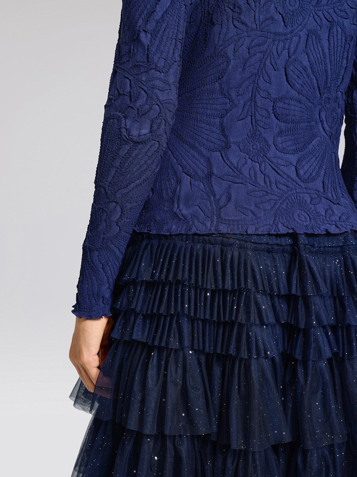 Pleated Floral Embossed Rhinestone Blouse
